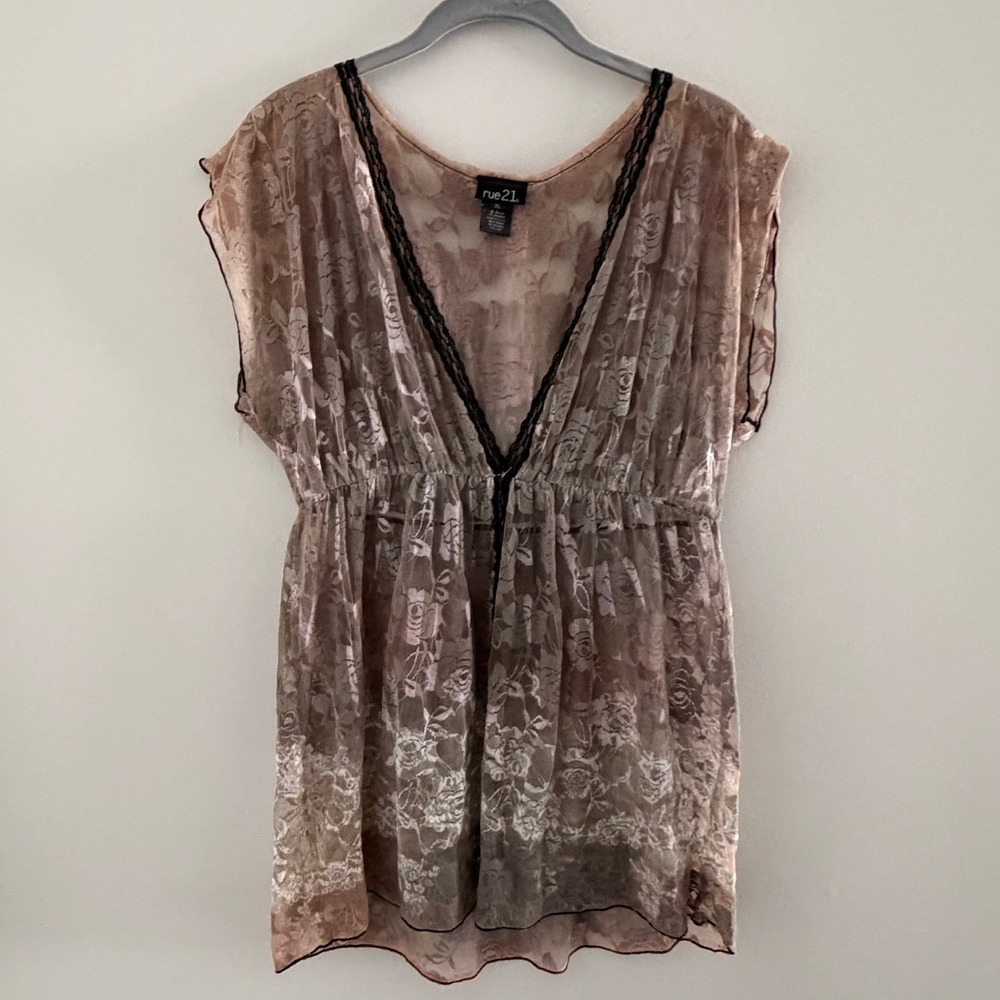 Sheer Floral Lace Babydoll Top Taupe Pink V-Neck XL Indie Sleeze Y2K Romantic